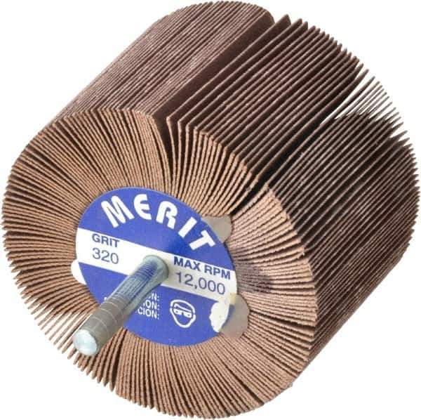 Merit Abrasives - 3" Diam x 2" Face Width, Extra Fine Ceramic Alumina Coated Mounted Flap Wheel - 1/4" Shank Mount, 320 Grit, 20,000 Max RPM - Eagle Tool & Supply