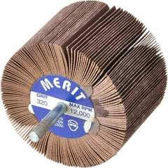 Merit Abrasives - 3" Diam x 2" Face Width, Extra Fine Ceramic Alumina Coated Mounted Flap Wheel - 1/4" Shank Mount, 320 Grit, 20,000 Max RPM - Eagle Tool & Supply