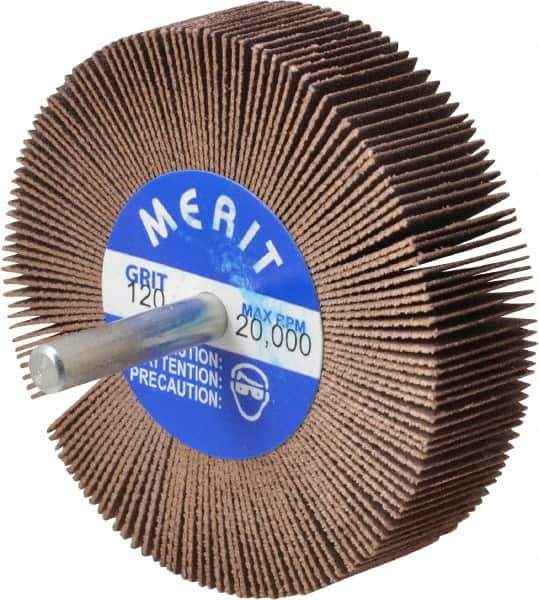 Merit Abrasives - 3" Diam x 3/4" Face Width, Fine Ceramic Alumina Coated Mounted Flap Wheel - 1/4" Shank Mount, 120 Grit, 20,000 Max RPM - Eagle Tool & Supply