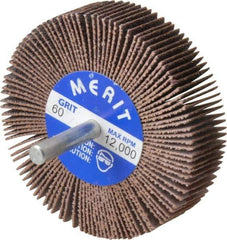 Merit Abrasives - 3" Diam x 3/4" Face Width, Medium Ceramic Alumina Coated Mounted Flap Wheel - 1/4" Shank Mount, 60 Grit, Cloth Backing, 20,000 Max RPM - Eagle Tool & Supply