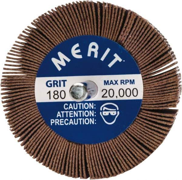 Merit Abrasives - 2-1/2" Diam x 1-1/2" Face Width, Very Fine Ceramic Alumina Coated Mounted Flap Wheel - 1/4" Shank Mount, 180 Grit, 20,000 Max RPM - Eagle Tool & Supply