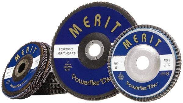 Merit Abrasives - 60 Grit, 5" Disc Diam, 7/8" Center Hole, Type 27 Zirconia Alumina Flap Disc - 12,000 Max RPM, Fiberglass Backing, Arbor Attaching System, Coated - Eagle Tool & Supply