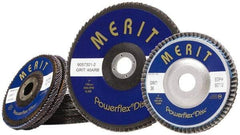 Merit Abrasives - 60 Grit, 5" Disc Diam, 7/8" Center Hole, Type 27 Zirconia Alumina Flap Disc - 12,000 Max RPM, Fiberglass Backing, Arbor Attaching System, Coated - Eagle Tool & Supply