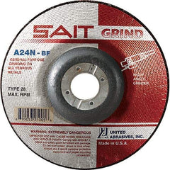 Sait - 24 Grit, 4-1/2" Wheel Diam, 1/4" Wheel Thickness, 7/8" Arbor Hole, Type 28 Depressed Center Wheel - Aluminum Oxide, Resinoid Bond, N Hardness, 13,300 Max RPM, Compatible with Angle Grinder - Eagle Tool & Supply