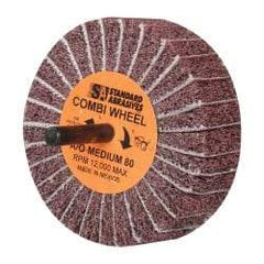 Standard Abrasives - 3" Diam x 1" Face Width, Medium Aluminum Oxide Nonwoven & Coated Mounted Flap Wheel - 1/4" Shank Mount, 80 Grit, 12,000 Max RPM - Eagle Tool & Supply