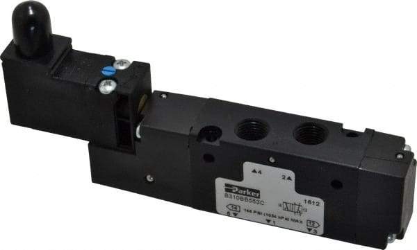 Parker - 1/8", 4-Way Body Ported Stacking Solenoid Valve - 120 VAC, 0.75 CV Rate, Air Return, 2.14" High x 4.67" Long - Eagle Tool & Supply