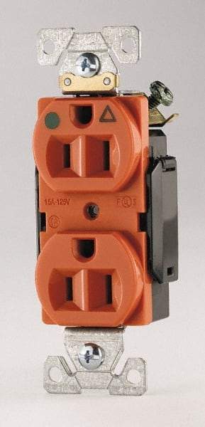 Cooper Wiring Devices - 125 VAC, 15 Amp, 5-15R NEMA Configuration, Orange, Hospital Grade, Isolated Ground Duplex Receptacle - 1 Phase, 2 Poles, 3 Wire, Flush Mount, Chemical, Heat and Impact Resistant - Eagle Tool & Supply