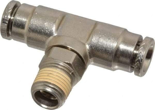 Norgren - 1/8 NPTF, Nickel Plated Brass Push-to-Connect Tube Male Swivel Branch Tee - 260 Max psi, Tube to Male NPT Connection - Eagle Tool & Supply