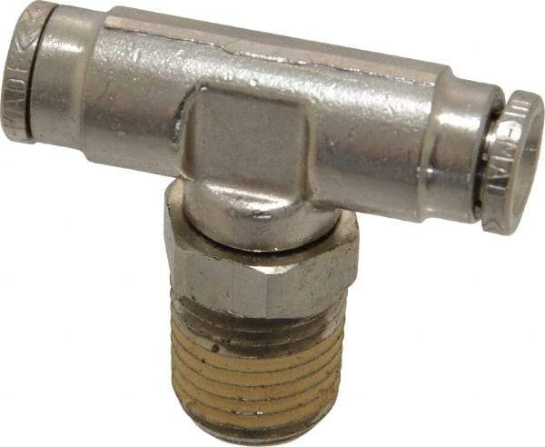 Norgren - 1/4 NPTF, Nickel Plated Brass Push-to-Connect Tube Male Swivel Branch Tee - 260 Max psi, Tube to Male NPT Connection - Eagle Tool & Supply