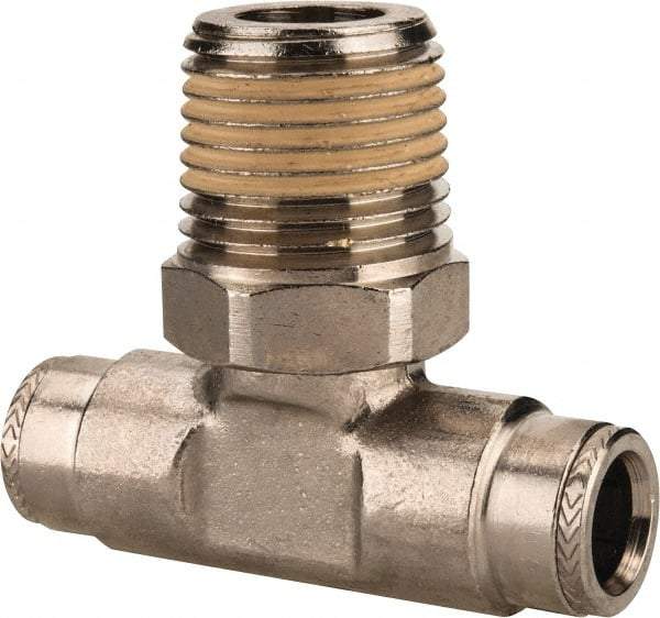 Norgren - 1/2 NPTF, Nickel Plated Brass Push-to-Connect Tube Male Swivel Branch Tee - 260 Max psi, Tube to Male NPT Connection - Eagle Tool & Supply