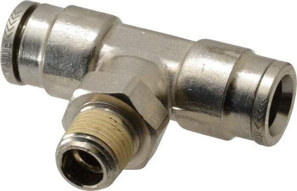 Norgren - 1/8 NPTF, Nickel Plated Brass Push-to-Connect Tube Male Swivel Branch Tee - 260 Max psi, Tube to Male NPT Connection - Eagle Tool & Supply