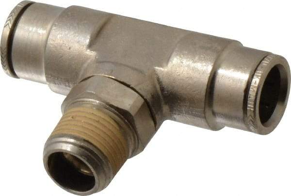 Norgren - 3/8 NPTF, Nickel Plated Brass Push-to-Connect Tube Male Swivel Branch Tee - 260 Max psi, Tube to Male NPT Connection - Eagle Tool & Supply