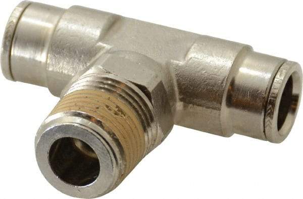 Norgren - 1/2 NPTF, Nickel Plated Brass Push-to-Connect Tube Male Swivel Branch Tee - 260 Max psi, Tube to Male NPT Connection - Eagle Tool & Supply