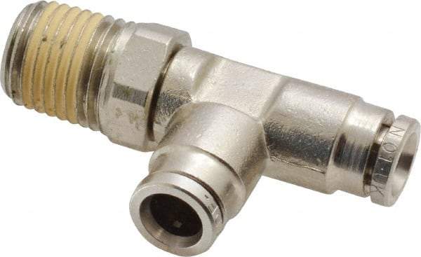 Norgren - 1/4 NPTF, Nickel Plated Brass Push-to-Connect Tube Male Swivel Run Tee - 260 Max psi, Tube to Male NPT Connection - Eagle Tool & Supply