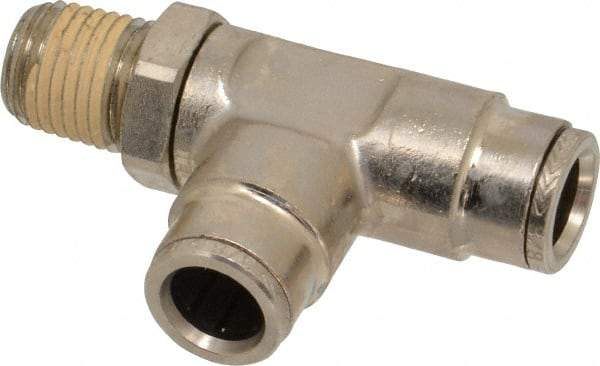 Norgren - 1/4 NPTF, Nickel Plated Brass Push-to-Connect Tube Male Swivel Run Tee - 260 Max psi, Tube to Male NPT Connection - Eagle Tool & Supply