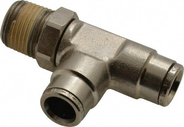 Norgren - 3/8 NPTF, Nickel Plated Brass Push-to-Connect Tube Male Swivel Run Tee - 260 Max psi, Tube to Male NPT Connection - Eagle Tool & Supply