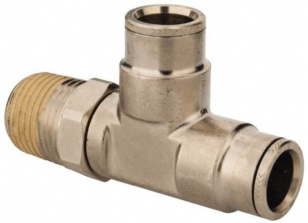 Norgren - 1/2 NPTF, Nickel Plated Brass Push-to-Connect Tube Male Swivel Run Tee - 260 Max psi, Tube to Male NPT Connection - Eagle Tool & Supply