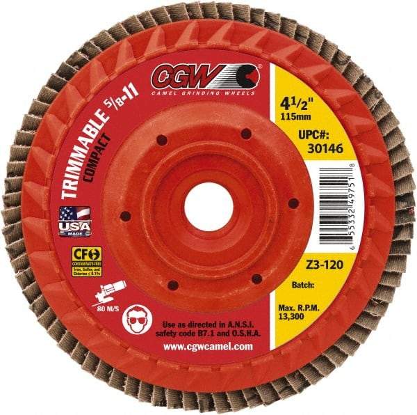 Camel Grinding Wheels - 60 Grit, 6" Disc Diam, 5/8-11 Center Hole, Compact Ceramic Flap Disc - 10,200 Max RPM, Cloth Backing, Arbor Attaching System, Coated - Eagle Tool & Supply
