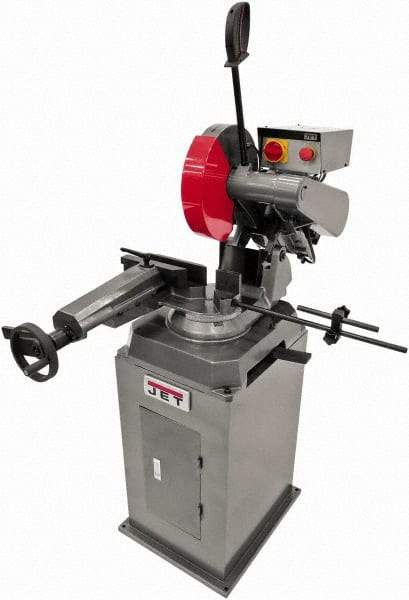 Jet - 11-1/2" Blade Diam, Straight/Miter Chop & Cut-Off Saw - 3 Phase, 3,450 RPM, 5 hp, 230/460 Volts, 4" Capacity in Pipe at 90°, 3-1/2" Capacity in Solids at 45° - Eagle Tool & Supply