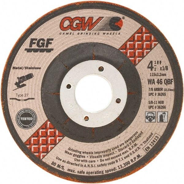 Camel Grinding Wheels - 46 Grit, 4-1/2" Wheel Diam, 1/8" Wheel Thickness, Type 27 Depressed Center Wheel - Medium Grade, Aluminum Oxide, Resinoid Bond, 13,300 Max RPM - Eagle Tool & Supply