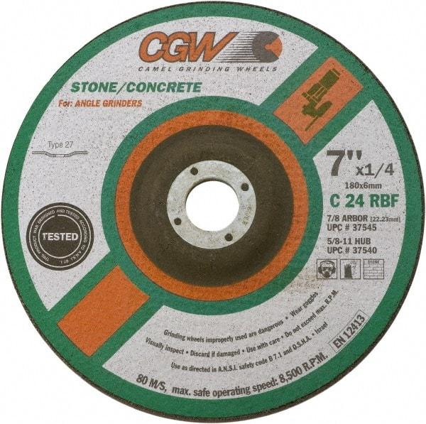 Camel Grinding Wheels - 24 Grit, 9" Wheel Diam, 1/4" Wheel Thickness, 7/8" Arbor Hole, Type 27 Depressed Center Wheel - Coarse Grade, Silicon Carbide, Resinoid Bond, 6,650 Max RPM - Eagle Tool & Supply