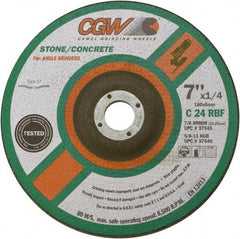 Camel Grinding Wheels - 24 Grit, 9" Wheel Diam, 1/4" Wheel Thickness, 7/8" Arbor Hole, Type 27 Depressed Center Wheel - Coarse Grade, Silicon Carbide, Resinoid Bond, 6,650 Max RPM - Eagle Tool & Supply