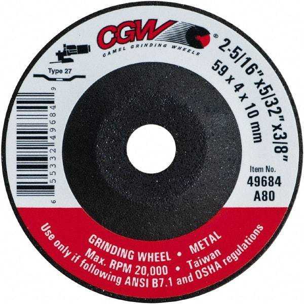 Camel Grinding Wheels - 80 Grit, 2-5/16" Wheel Diam, 5/32" Wheel Thickness, 3/8" Arbor Hole, Type 27 Depressed Center Wheel - Medium Grade, Aluminum Oxide, Resinoid Bond, 20,000 Max RPM - Eagle Tool & Supply