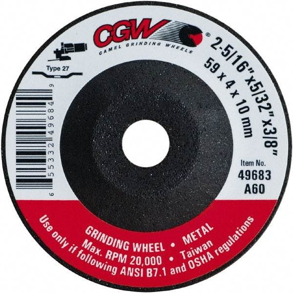 Camel Grinding Wheels - 60 Grit, 2-5/16" Wheel Diam, 5/32" Wheel Thickness, 3/8" Arbor Hole, Type 27 Depressed Center Wheel - Medium Grade, Aluminum Oxide, Resinoid Bond, 20,000 Max RPM - Eagle Tool & Supply