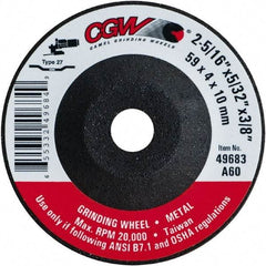 Camel Grinding Wheels - 60 Grit, 2-5/16" Wheel Diam, 5/32" Wheel Thickness, 3/8" Arbor Hole, Type 27 Depressed Center Wheel - Medium Grade, Aluminum Oxide, Resinoid Bond, 20,000 Max RPM - Eagle Tool & Supply