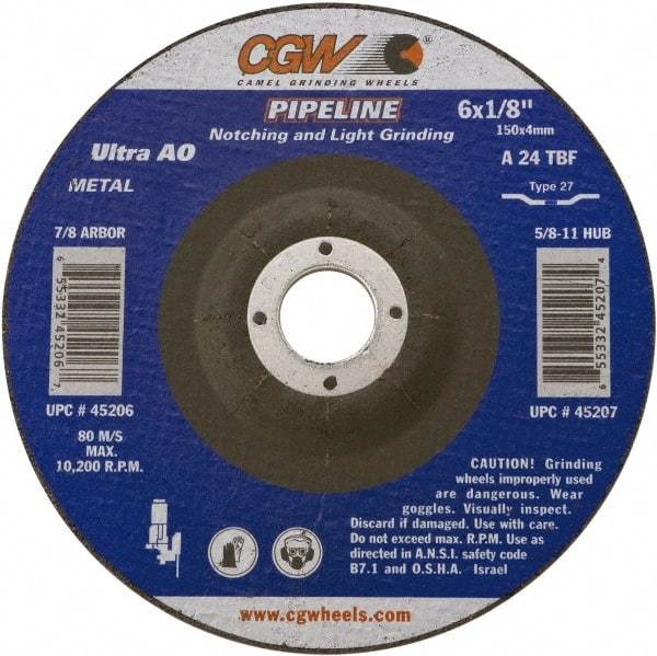 Camel Grinding Wheels - 24 Grit, 4-1/2" Wheel Diam, 1/8" Wheel Thickness, Type 27 Depressed Center Wheel - Coarse Grade, Aluminum Oxide, Resinoid Bond, 13,300 Max RPM - Eagle Tool & Supply