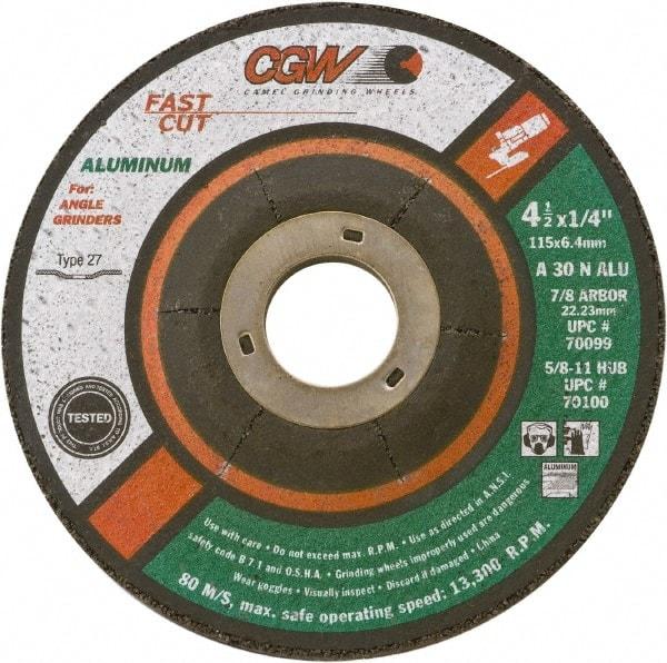 Camel Grinding Wheels - 30 Grit, 5" Wheel Diam, 1/4" Wheel Thickness, 7/8" Arbor Hole, Type 27 Depressed Center Wheel - Medium Grade, Aluminum Oxide, Resinoid Bond, 12,250 Max RPM - Eagle Tool & Supply