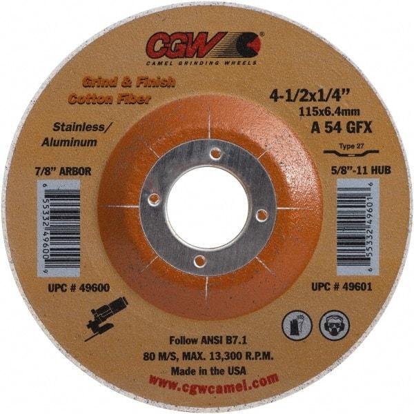Camel Grinding Wheels - 54 Grit, 4-1/2" Wheel Diam, 1/4" Wheel Thickness, 7/8" Arbor Hole, Type 27 Depressed Center Wheel - Medium Grade, Aluminum Oxide, 13,300 Max RPM - Eagle Tool & Supply