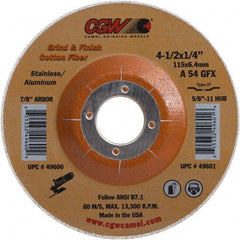Camel Grinding Wheels - 54 Grit, 4-1/2" Wheel Diam, 1/4" Wheel Thickness, 7/8" Arbor Hole, Type 27 Depressed Center Wheel - Medium Grade, Aluminum Oxide, 13,300 Max RPM - Eagle Tool & Supply