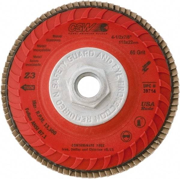 Camel Grinding Wheels - 120 Grit, 4-1/2" Disc Diam, 5/8-11 Center Hole, Compact Zirconia Alumina Flap Disc - 13,300 Max RPM, Poly Cotton Backing, Arbor Attaching System, Coated - Eagle Tool & Supply