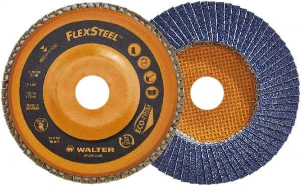 WALTER Surface Technologies - 60 Grit, 4-1/2" Disc Diam, 7/8" Center Hole, Type 27 Zirconia Alumina Flap Disc - 13,300 Max RPM, Wood Fiber Backing, Arbor Attaching System, Coated - Eagle Tool & Supply