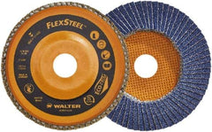 WALTER Surface Technologies - 60 Grit, 4-1/2" Disc Diam, 7/8" Center Hole, Type 27 Zirconia Alumina Flap Disc - 13,300 Max RPM, Wood Fiber Backing, Arbor Attaching System, Coated - Eagle Tool & Supply
