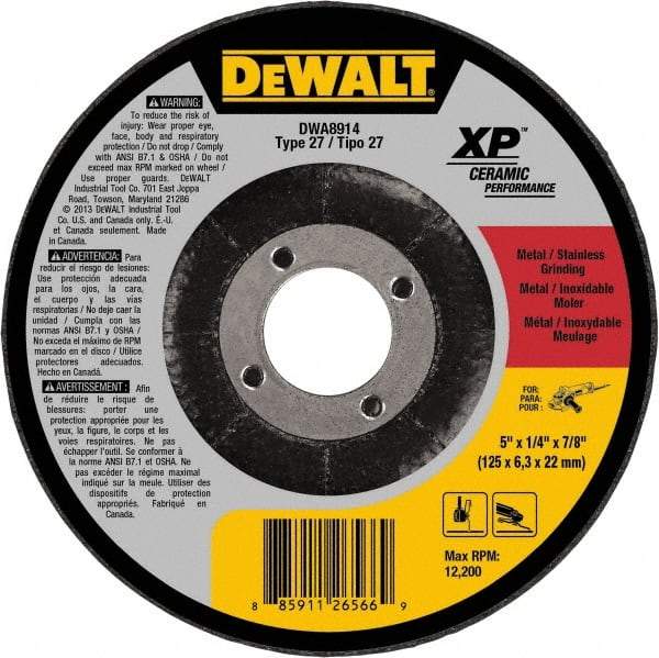 DeWALT - 5" Wheel Diam, 1/4" Wheel Thickness, 7/8" Arbor Hole, Type 27 Depressed Center Wheel - Medium Grade, Ceramic, 12,200 Max RPM - Eagle Tool & Supply