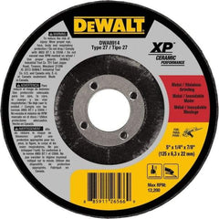 DeWALT - 5" Wheel Diam, 1/4" Wheel Thickness, 7/8" Arbor Hole, Type 27 Depressed Center Wheel - Medium Grade, Ceramic, 12,200 Max RPM - Eagle Tool & Supply