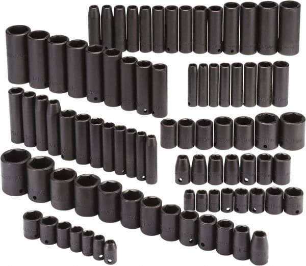 Proto - 86 Piece 3/8" & 1/2" Drive Black Finish Deep Well Impact Socket Set - 6 Points, 5/16" to 1-1/4" (9mm to 27mm) Range, Inch/Metric Measurement Standard - Eagle Tool & Supply