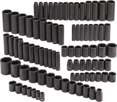 Proto - 86 Piece 3/8" & 1/2" Drive Black Finish Deep Well Impact Socket Set - 6 Points, 5/16" to 1-1/4" (9mm to 27mm) Range, Inch/Metric Measurement Standard - Eagle Tool & Supply