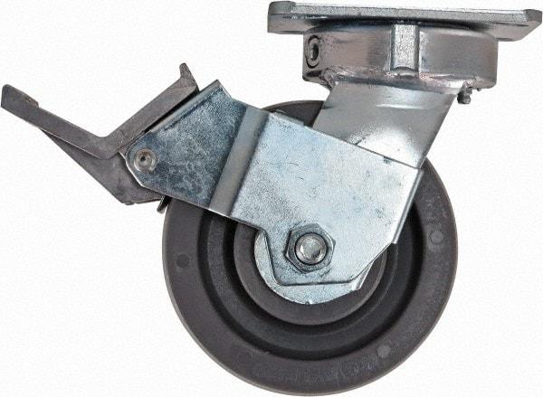 Caster Connection - 5" Diam x 2" Wide x 6-1/2" OAH Top Plate Mount Swivel Caster with Brake - Nylon, 1,250 Lb Capacity, Sealed Precision Ball Bearing, 4 x 4-1/2" Plate - Eagle Tool & Supply
