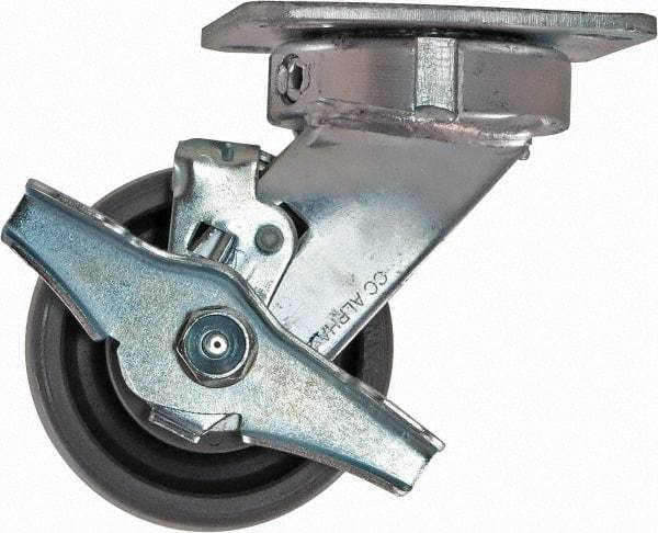 Caster Connection - 4" Diam x 2" Wide x 5-5/8" OAH Top Plate Mount Swivel Caster with Brake - Nylon, 1,000 Lb Capacity, Sealed Precision Ball Bearing, 4 x 4-1/2" Plate - Eagle Tool & Supply