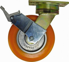 Caster Connection - 8" Diam x 2" Wide x 10-1/8" OAH Top Plate Mount Swivel Caster with Brake - Polyurethane, 1,200 Lb Capacity, Sealed Precision Ball Bearing, 4-1/2 x 6-1/4" Plate - Eagle Tool & Supply