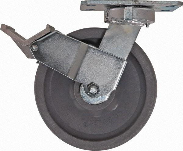 Caster Connection - 8" Diam x 2" Wide x 9-1/2" OAH Top Plate Mount Swivel Caster with Brake - Nylon, 2,000 Lb Capacity, Sealed Precision Ball Bearing, 4-1/2 x 6-1/4" Plate - Eagle Tool & Supply