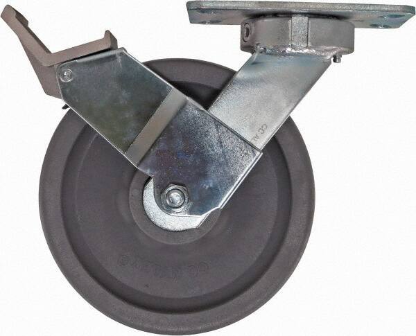 Caster Connection - 8" Diam x 2" Wide x 9-1/2" OAH Top Plate Mount Swivel Caster with Brake - Nylon, 2,000 Lb Capacity, Sealed Precision Ball Bearing, 4-1/2 x 6-1/4" Plate - Eagle Tool & Supply