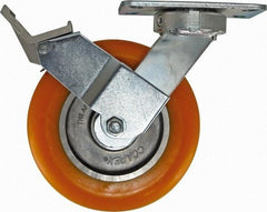 Caster Connection - 8" Diam x 2" Wide x 9-1/2" OAH Top Plate Mount Swivel Caster with Brake - Polyurethane, 1,200 Lb Capacity, Sealed Precision Ball Bearing, 4-1/2 x 6-1/4" Plate - Eagle Tool & Supply