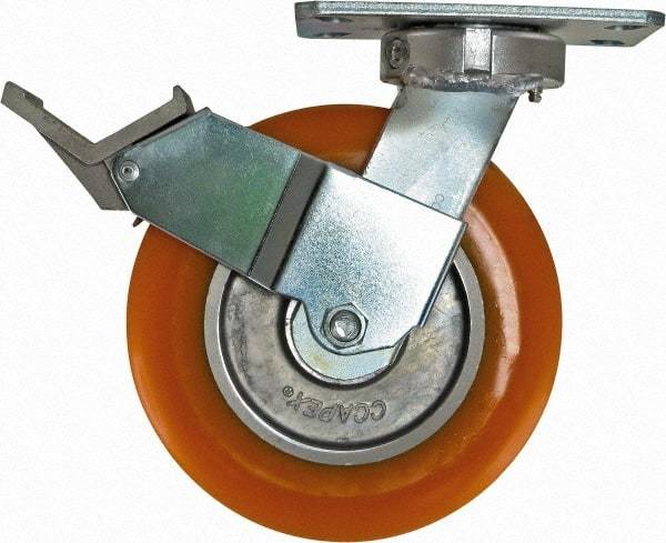 Caster Connection - 8" Diam x 2" Wide x 9-1/2" OAH Top Plate Mount Swivel Caster with Brake - Polyurethane, 1,200 Lb Capacity, Sealed Precision Ball Bearing, 4-1/2 x 6-1/4" Plate - Eagle Tool & Supply
