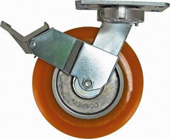 Caster Connection - 8" Diam x 2" Wide x 9-1/2" OAH Top Plate Mount Swivel Caster with Brake - Polyurethane, 1,200 Lb Capacity, Sealed Precision Ball Bearing, 4-1/2 x 6-1/4" Plate - Eagle Tool & Supply