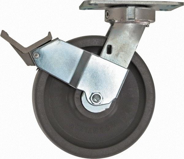 Caster Connection - 8" Diam x 2" Wide x 10-1/8" OAH Top Plate Mount Swivel Caster with Brake - Nylon, 2,000 Lb Capacity, Sealed Precision Ball Bearing, 4-1/2 x 6-1/4" Plate - Eagle Tool & Supply