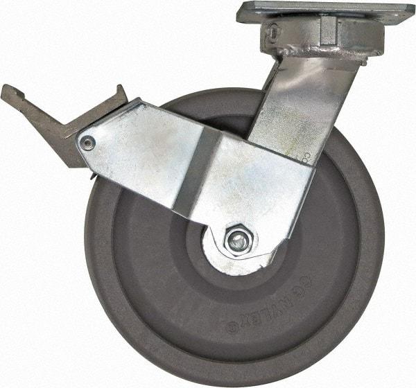 Caster Connection - 8" Diam x 2" Wide x 10-1/8" OAH Top Plate Mount Swivel Caster with Brake - Nylon, 2,000 Lb Capacity, Sealed Precision Ball Bearing, 4 x 4-1/2" Plate - Eagle Tool & Supply